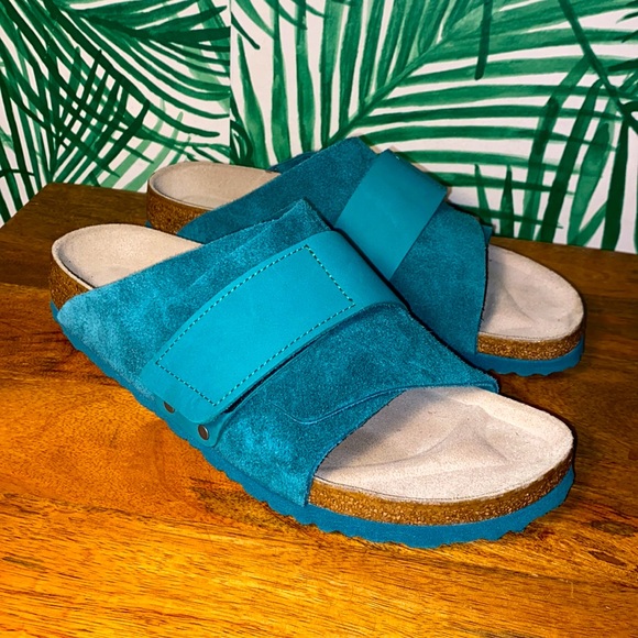 Birkenstock Shoes - Birkenstock Kyoto Teal Suede Slide Sandals Women’s 10